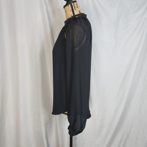 JESSICA SIMPSON Size Small Sheer Black Chiffon Rhinestone Collar Open Sleeve Top - Picture 4 of 16